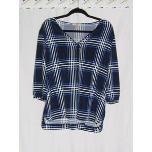 Roz & Ali Blue Plaid Women's 3/4 Sleeve Top w/ Inverted Pleat Size 1X